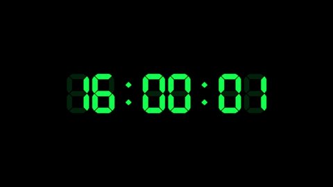 16 hour o'clock digital clock. Seconds count to sixteen. Numerical electronic green display screen. 4K animation video. Black background.