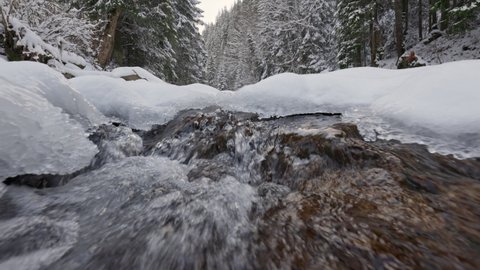 Winter nature landscape with mounting river, icy rocks and snowy forest. Powerful stream of the river in the winter forest. Gimbal shot, slow motion