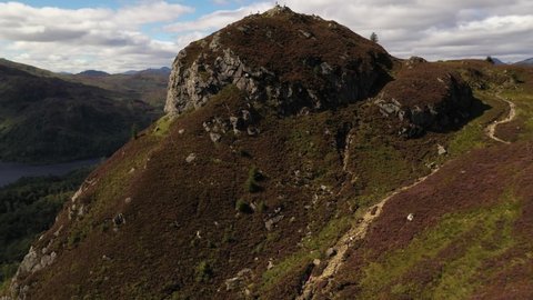 Flight over the Ben A'an mountain at Callander in the Loch Lomond And The Trossachs National Park in Scotland - 4K Drone Video