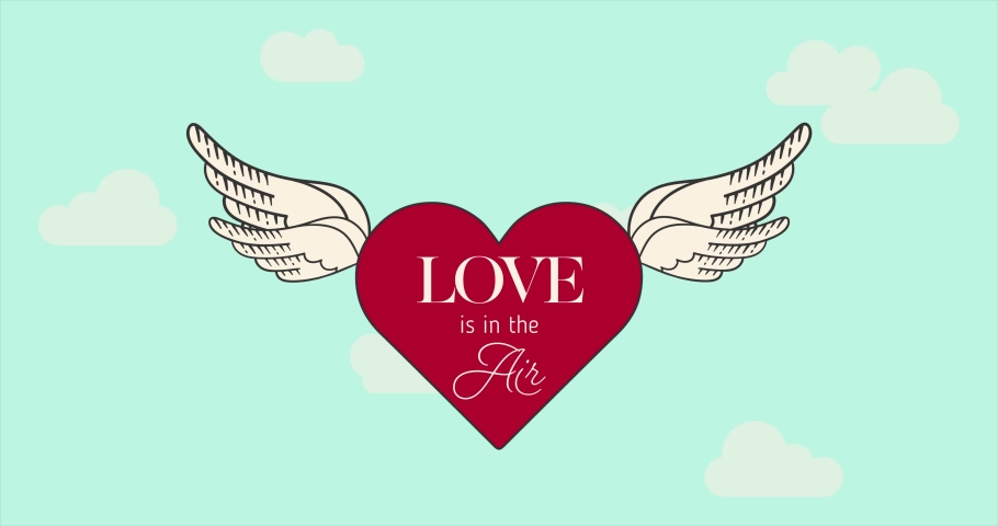 Seamless animated flying winged heart with LOVE IN THE AIR text. Blue sky and clouds background . Vector motion for Valentines day concept. The 14th of February. Useful for social media, banner, ect.