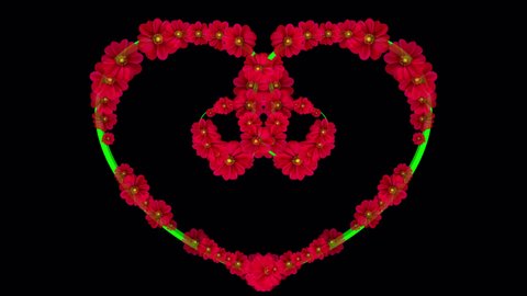 Heart made of flowers and vines, the effect of bright colored shapes, various colors of the rainbow. Ultra HD, 4K resolution. Looped 3D animation. Abstraction. Festive animation. Valentine's Day