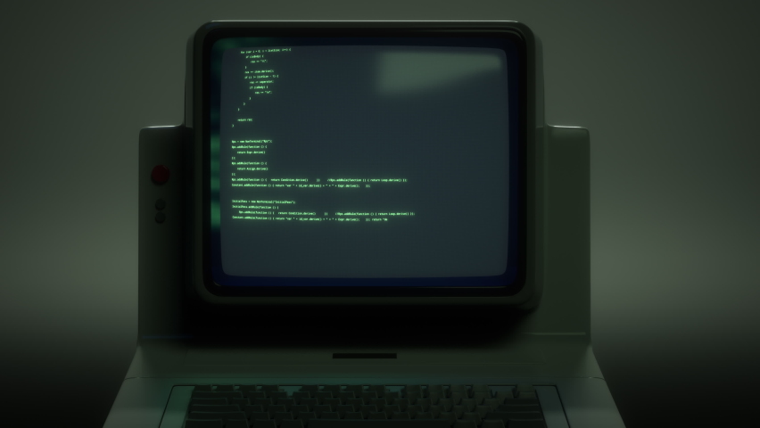 Retro personal computer or PC with source code displayed on monitor. Digital noise, distortions, glitch effects and artifacts. Vintage display or screen. Dark green colors. 80s, 90s style 4K animation Royalty-Free Stock Footage #1066999525