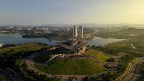 KL, MALAYSIA - Febuary 8th, 2021 : 4K UHD Aerial cinematic shots of Putrajaya International Convention Centre PICC Malaysia during sunrise