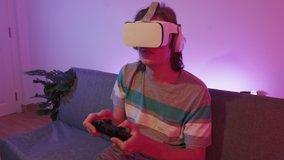 Young gamer playing to new video games with virtual reality experience - Youth people entertainment and technology concept VR headset user on digital interactive art performance.