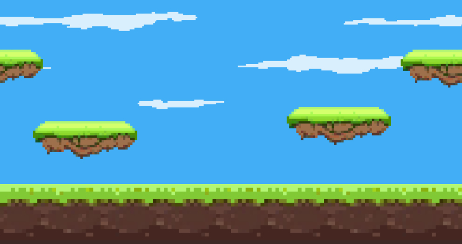 Animation of old style pixel game. Pixel art game background. Ground, grass, sky, tree and stars. Pixel art Game Design 8 bit video vector  | Shutterstock HD Video #1067002606
