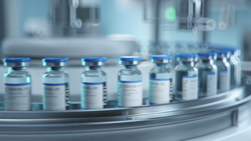 SARS-COV-2 COVID-19 Coronavirus Vaccine Mass Production in Laboratory, Vials with Branded Labels Move on Pharmaceutical Conveyor Belt in Research Lab. Medicine Against SARS-CoV-2, Loopable Footage. | Shutterstock HD Video #1067005267