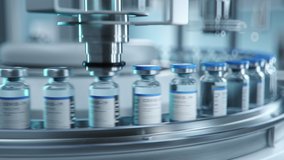 SARS-COV-2 COVID-19 Coronavirus Vaccine Mass Production in Laboratory, Machine Puts Bottle Caps on Ampoules Moving on Pharmaceutical Conveyor Belt in Research Lab. Loopable Footage. - Powered by Shutterstock - Get 15% off with code: PIKWIZARD15