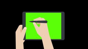 Person hand holding the tablet and drawing or writing with digital pencil on green screen chroma key background, The hands and tablet animation on the black transparent background with alpha channel. - Powered by Shutterstock - Get 15% off with code: PIKWIZARD15