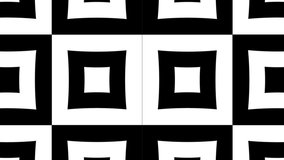 Geometric moving black monochrome psychedelic pattern, striped seamless looping background with squares, trendy elegant ornament.