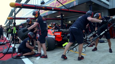 SOCHI, RUSSIA - 29 September 2019: Red Bull Racing Team pit stop test at Formula 1 Grand Prix of Russia 2019, 4K Slow Motion 60 FPS