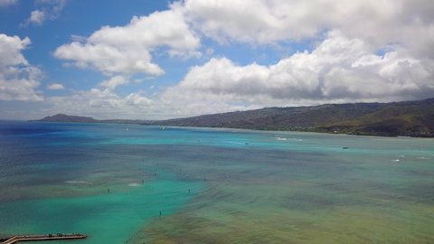 Ocean and cloudy sky in Hawaii, Drone shot.