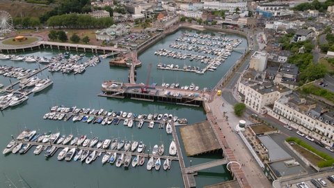 Establishing Aerial View of Torquay Boat Harbour Marina on England Coast