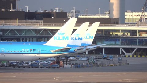 Netherlands, Amsterdam - 02. September 2020: Some Boeing 777 tails of KLM Royal Dutch Airlines at Amsterdam Schiphol  airport (AMS) in the Netherlands.