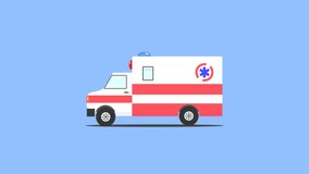 Ambulance car,  animation, flat cartoon comic medical car with flashing light or isolated siren, car without background, can be inserted into any video or presentation