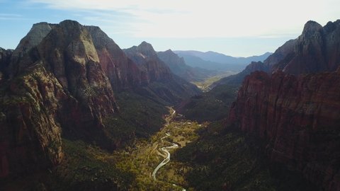 Cinematic aerial view of the beautiful Zion National Park, Utah, USA.