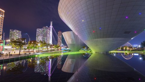 Incheon, South Korea - October 11, 2020: Hyperlapse of Tri-bowl Building at Central Park in Songdo district, Incheon, South Korea. 4K Time lapse