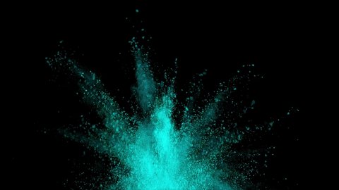aquamarine impact animation powder explosion on black background. Super Slow motion movement with acceleration in the beginning , 4k 
 , Color isolated , Real Burst multicolored dust colorful backdrop