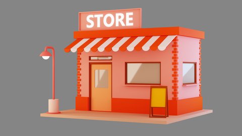 Pop up animated 3d render building store. with transparent backgound