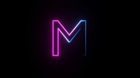 
M Letter Pink Blue Neon Glowing Symbol on Black Background. 4k Looped Animation.
