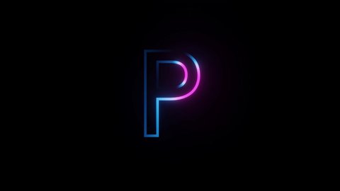 
P Letter Pink Blue Neon Glowing Symbol on Black Background. 4k Looped Animation.