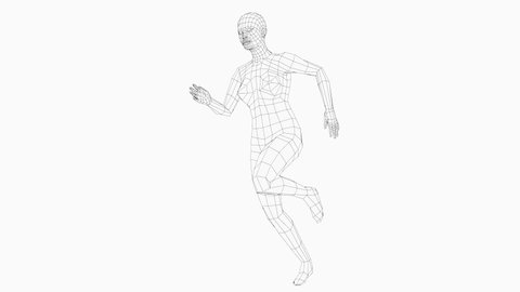 Wireframe running woman, seamless loop animation. 3d rendering