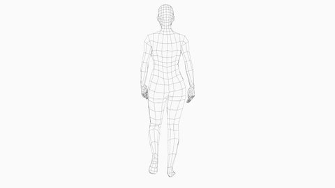 Wireframe walking woman, seamless loop animation. 3d rendering