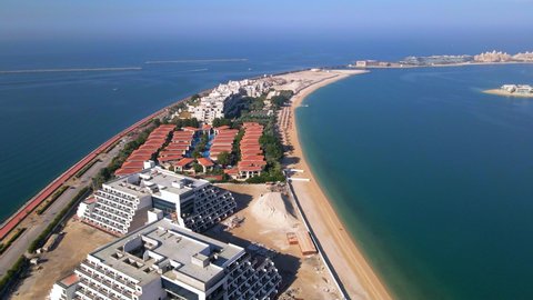 Aerial view of The Palm Jumeirah island panorama of luxury hotels and residences in Dubai United Arab Emirates