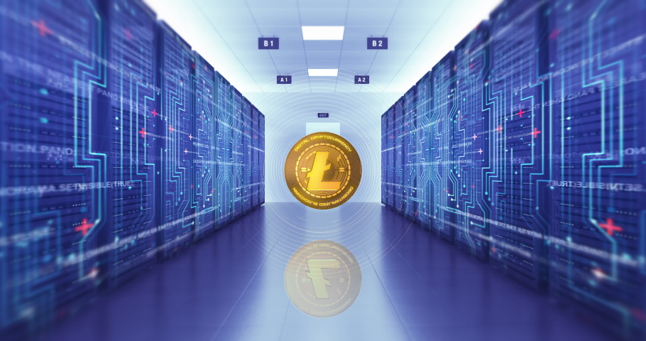 Golden Litecoin Cryptocurrency. Futuristic Server Room. Gold Litecoin. Technology And Business Related 3D Animation. Royalty-Free Stock Footage #1067068699
