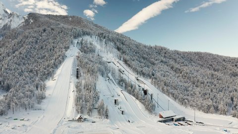 Aerial view of Ski Jump in Planica, Slovenia at Ratece near Kranjska gora in winter with snow.