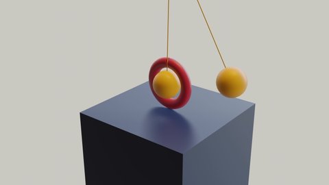 loop animation pendulum swinging, 3d yellow balls and rotating wheel. Repeated beat. Computer generated seamless motion design of simple geometric shapes.