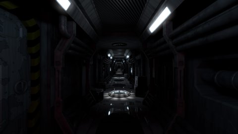 scary spaceship corridor with evacuation alarm turned on. 3d rendering. seamless loop