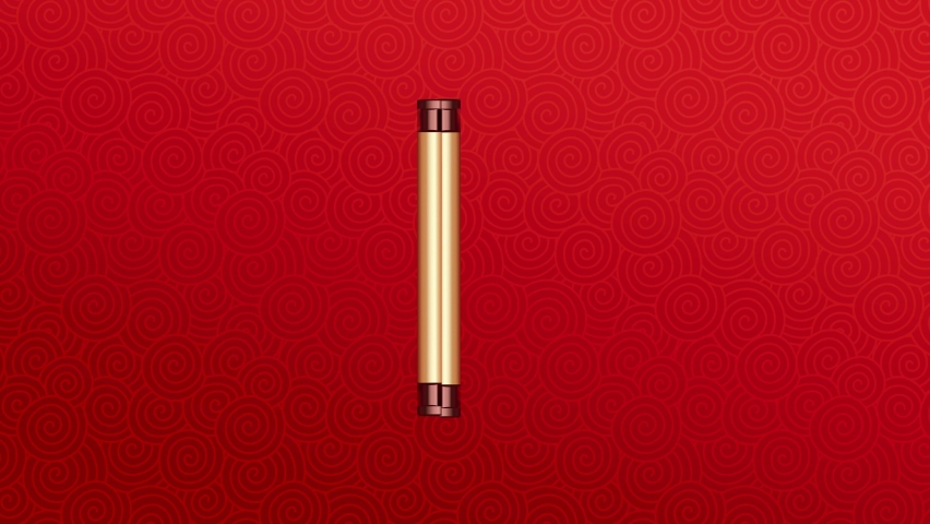 Chinese traditional scroll opened, Chinese text "Happy New Year"