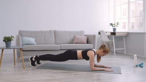 Athletic Young Woman Standing In Plank Exercising At Home. Female Workout, Fitness Lifestyle And Core Exercises For Domestic Training Concept. Side View