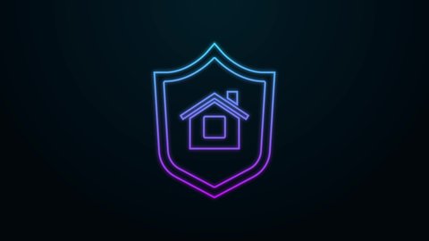 Glowing neon line House with shield icon isolated on black background. Insurance concept. Security, safety, protection, protect concept. 4K Video motion graphic animation.