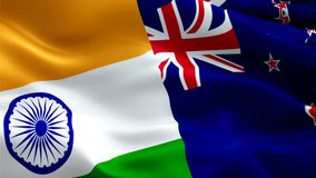 India and New Zealand Flag Wave Loop waving in wind. Realistic Indian vs New Zealand Flag background. New Zealand Flag Looping Closeup Video sign waving. India and New Zealand cricket live match Slow 