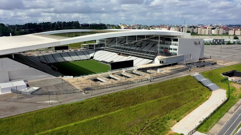 Sao Paulo, Sao Paulo, Brazil – 02.07.2020 - Aerial view of Corinthians Arena Stadium, Itaquera, São Paulo. Famous Football Stadium of city. Soccer Field Stadium. Corinthians Arena Football Stadium.