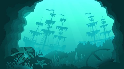  shipwreck underwater cave view background animation floating fish