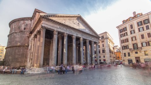Tourists visit the Pantheon timelapse hyperlapse at sunset time in Rome, Italy. Pantheon is a famous monument of ancient Roman culture, the temple of all the gods, built in the 2nd century.
