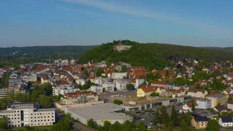Aerial view around the city Homburg in Germany on a sunny spring day
