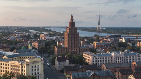 Riga, Latvia, circa 2019 - Aerial View Shot of Riga, Riga Skyline, Latvia