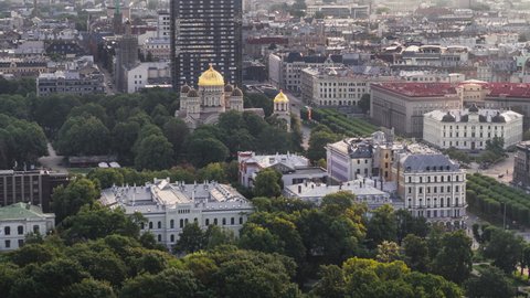 Aerial View Shot of Riga, Riga Skyline, Latvia, city center