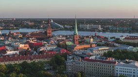 Aerial View Shot of Riga, late aftenoon colotinf old town, Riga Skyline, Latvia