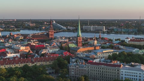 Aerial View Shot of Riga, late aftenoon colotinf old town, Riga Skyline, Latvia