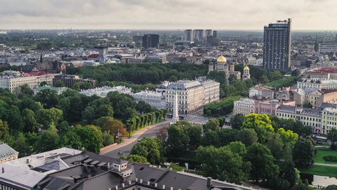 Riga, Latvia, circa 2019 - Aerial View Shot of Riga, Riga Skyline, Latvia cental square covered in beautiful light