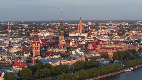 Aerial View Shot of Riga, beautiful colors covering old town, Riga Skyline, Latvia