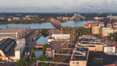 Aerial View Shot of Riga, Riga Skyline, Latvia, calm morning