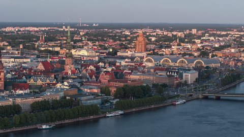 Aerial View Shot of Riga, Riga Skyline, Latvia, old town and old market