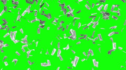 American Dollar 100 usd bills rain falling on a green screen chroma key new background.Concept of money , wealth,rich,business,millions,millionaire,banknotes and savings.4k animation very realistic.