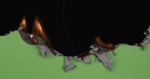 Green paper burns, revealing burnt edges, smoke and turns into ashes. Burning green screen. Black background