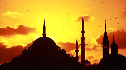 Silhouette of a mosque with minarets at orange sunset in Istanbul